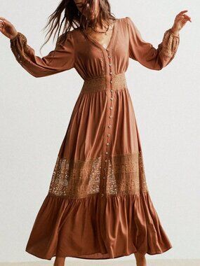 Boho Beauty Brown Casual Women's V Neck Lace Trimmed Maxi Dress